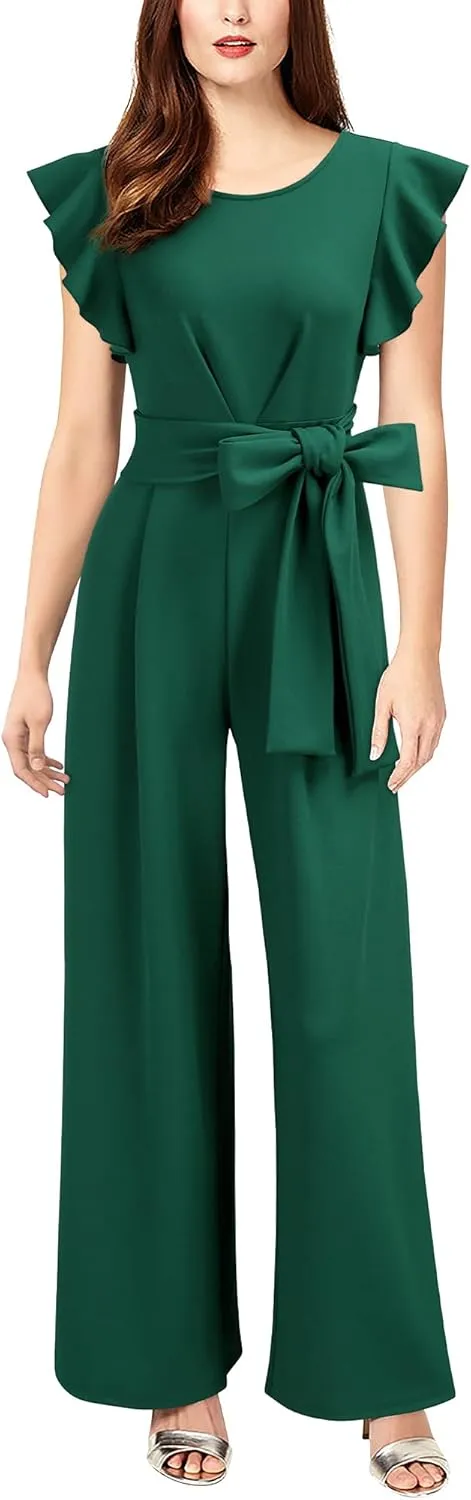 Knitee Women's Vintage Sleeveless Ruffle High Waist Wide Leg Romper Formal Long Jumpsuit with Belt