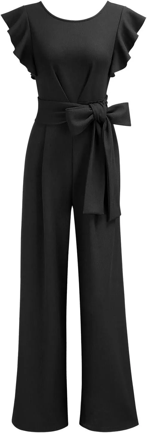 Knitee Women's Vintage Sleeveless Ruffle High Waist Wide Leg Romper Formal Long Jumpsuit with Belt