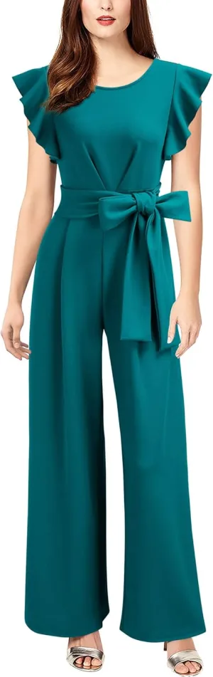Knitee Women's Vintage Sleeveless Ruffle High Waist Wide Leg Romper Formal Long Jumpsuit with Belt