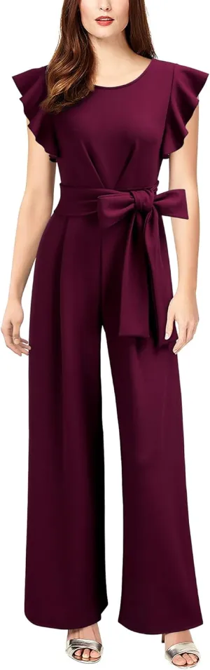 Knitee Women's Vintage Sleeveless Ruffle High Waist Wide Leg Romper Formal Long Jumpsuit with Belt