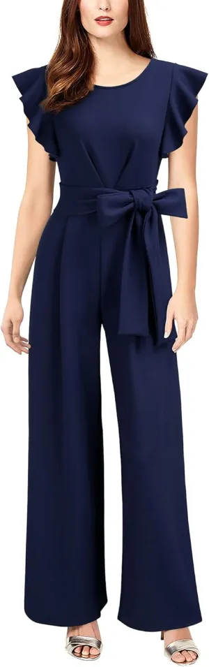 Knitee Women's Vintage Sleeveless Ruffle High Waist Wide Leg Romper Formal Long Jumpsuit with Belt