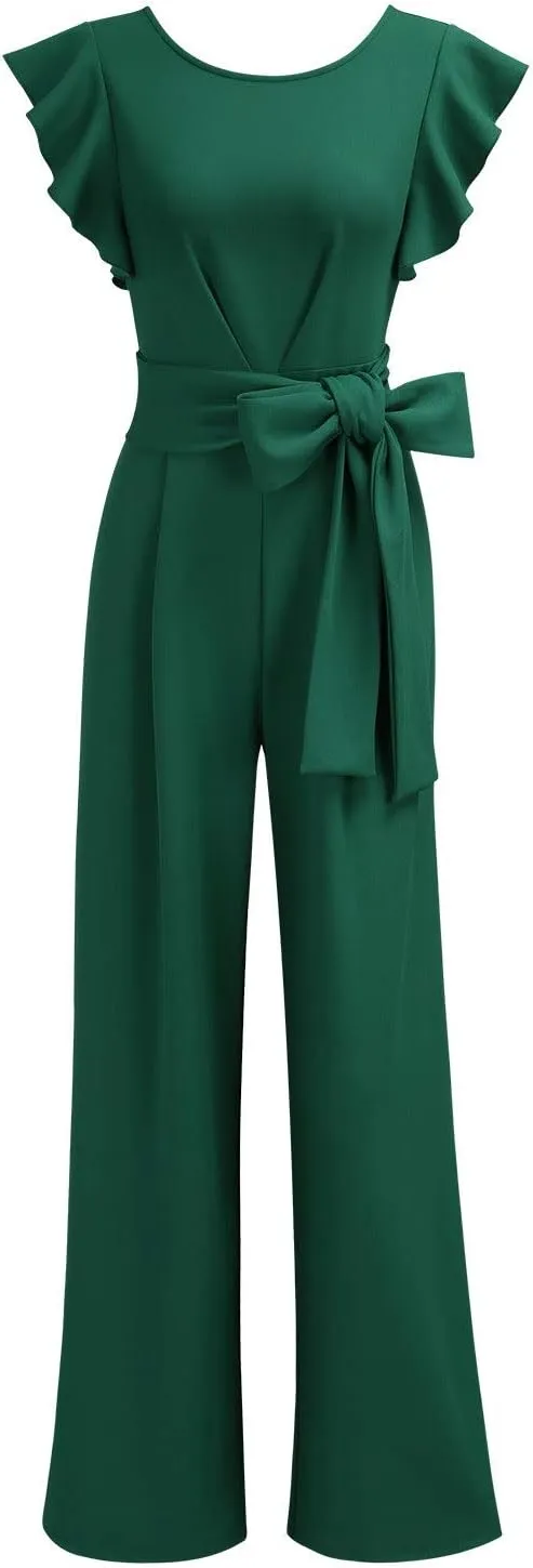 Knitee Women's Vintage Sleeveless Ruffle High Waist Wide Leg Romper Formal Long Jumpsuit with Belt