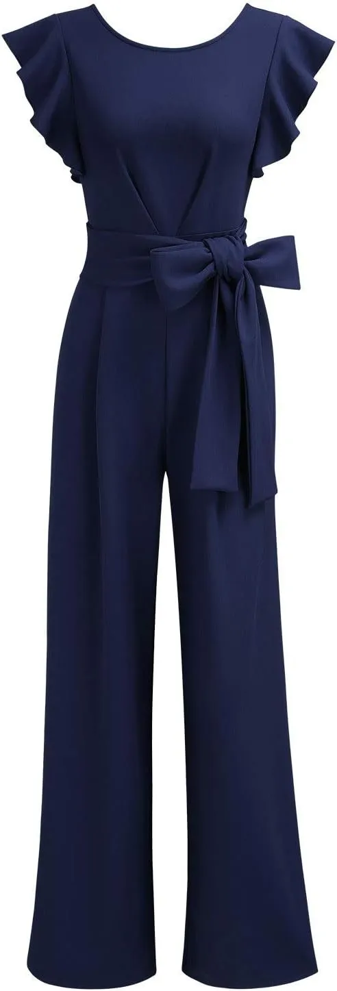 Knitee Women's Vintage Sleeveless Ruffle High Waist Wide Leg Romper Formal Long Jumpsuit with Belt