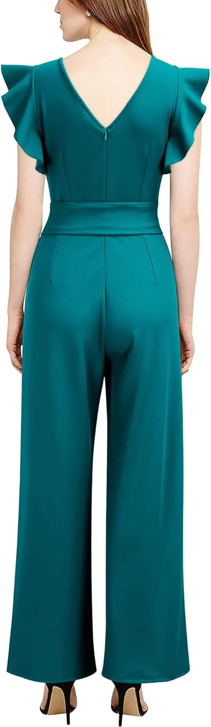 Knitee Women's Vintage Sleeveless Ruffle High Waist Wide Leg Romper Formal Long Jumpsuit with Belt