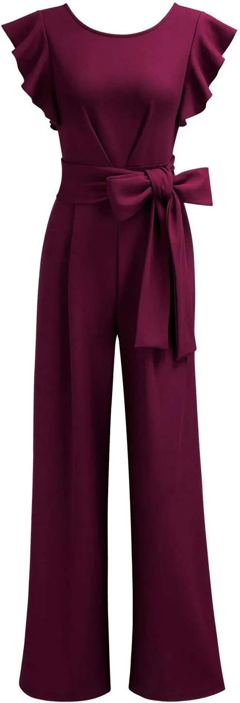 Knitee Women's Vintage Sleeveless Ruffle High Waist Wide Leg Romper Formal Long Jumpsuit with Belt