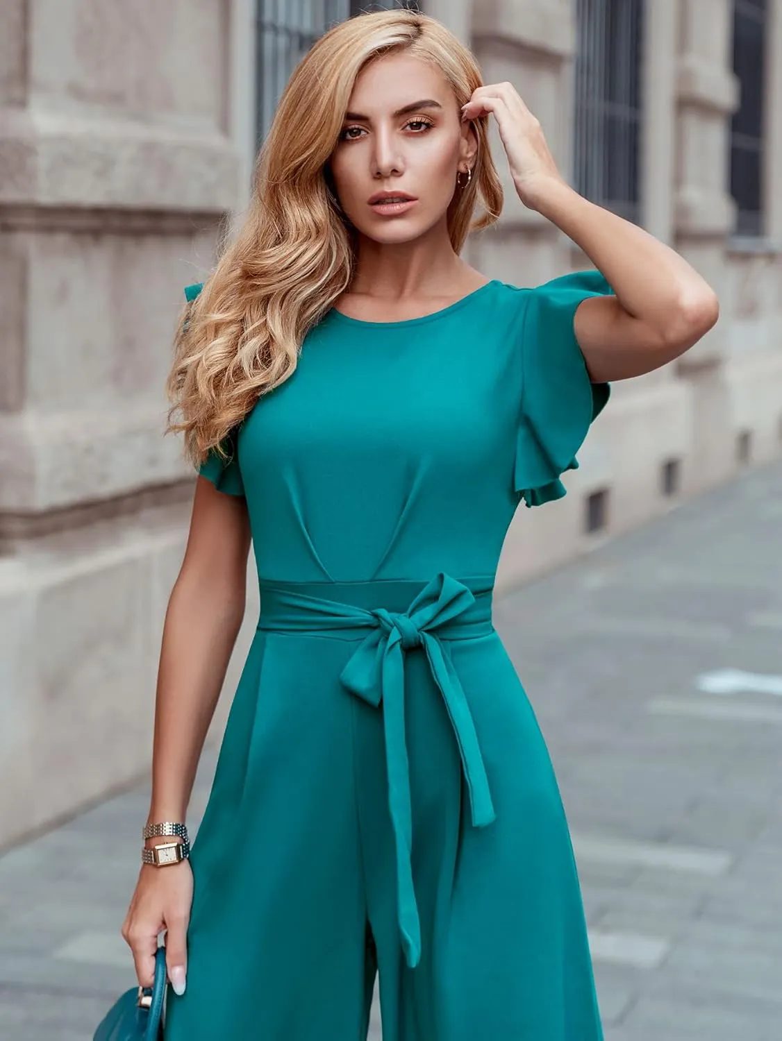 Knitee Women's Vintage Sleeveless Ruffle High Waist Wide Leg Romper Formal Long Jumpsuit with Belt