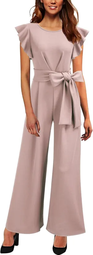 Knitee Women's Vintage Sleeveless Ruffle High Waist Wide Leg Romper Formal Long Jumpsuit with Belt