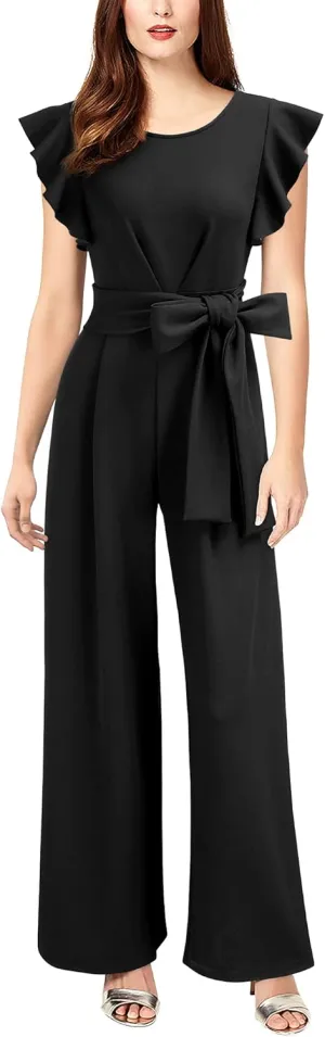 Knitee Women's Vintage Sleeveless Ruffle High Waist Wide Leg Romper Formal Long Jumpsuit with Belt