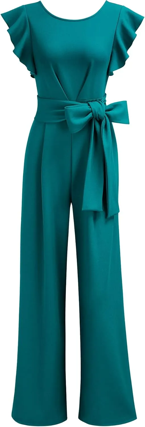 Knitee Women's Vintage Sleeveless Ruffle High Waist Wide Leg Romper Formal Long Jumpsuit with Belt