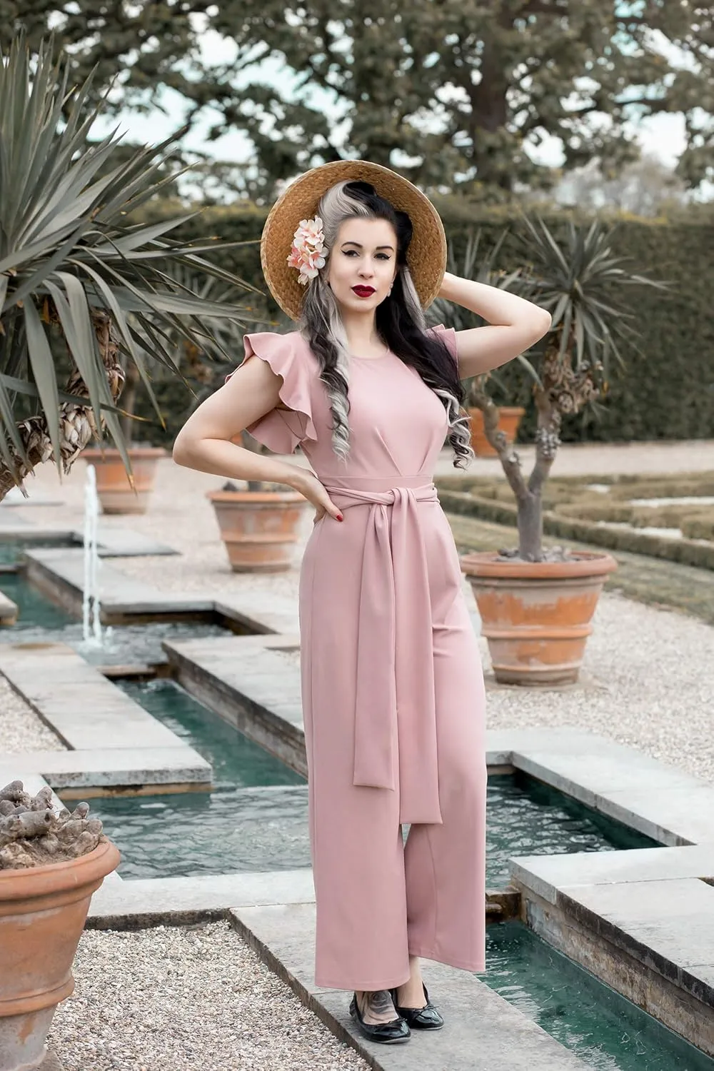 Knitee Women's Vintage Sleeveless Ruffle High Waist Wide Leg Romper Formal Long Jumpsuit with Belt