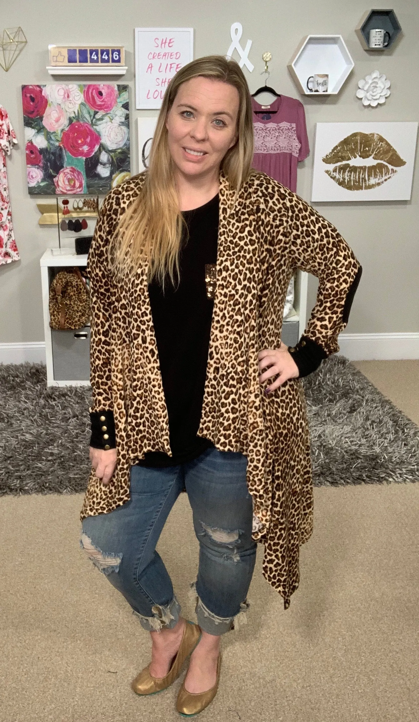 Leopard Print Open Front Cascade Cardi with Snap Details {Hawthorne}