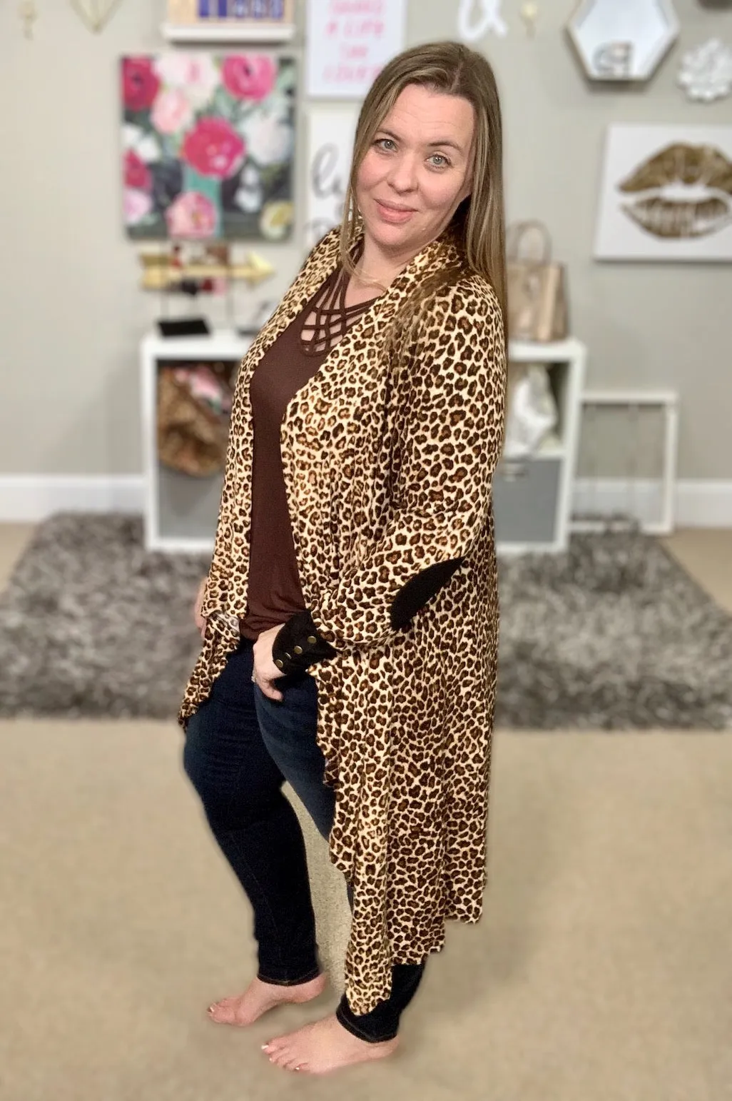 Leopard Print Open Front Cascade Cardi with Snap Details {Hawthorne}
