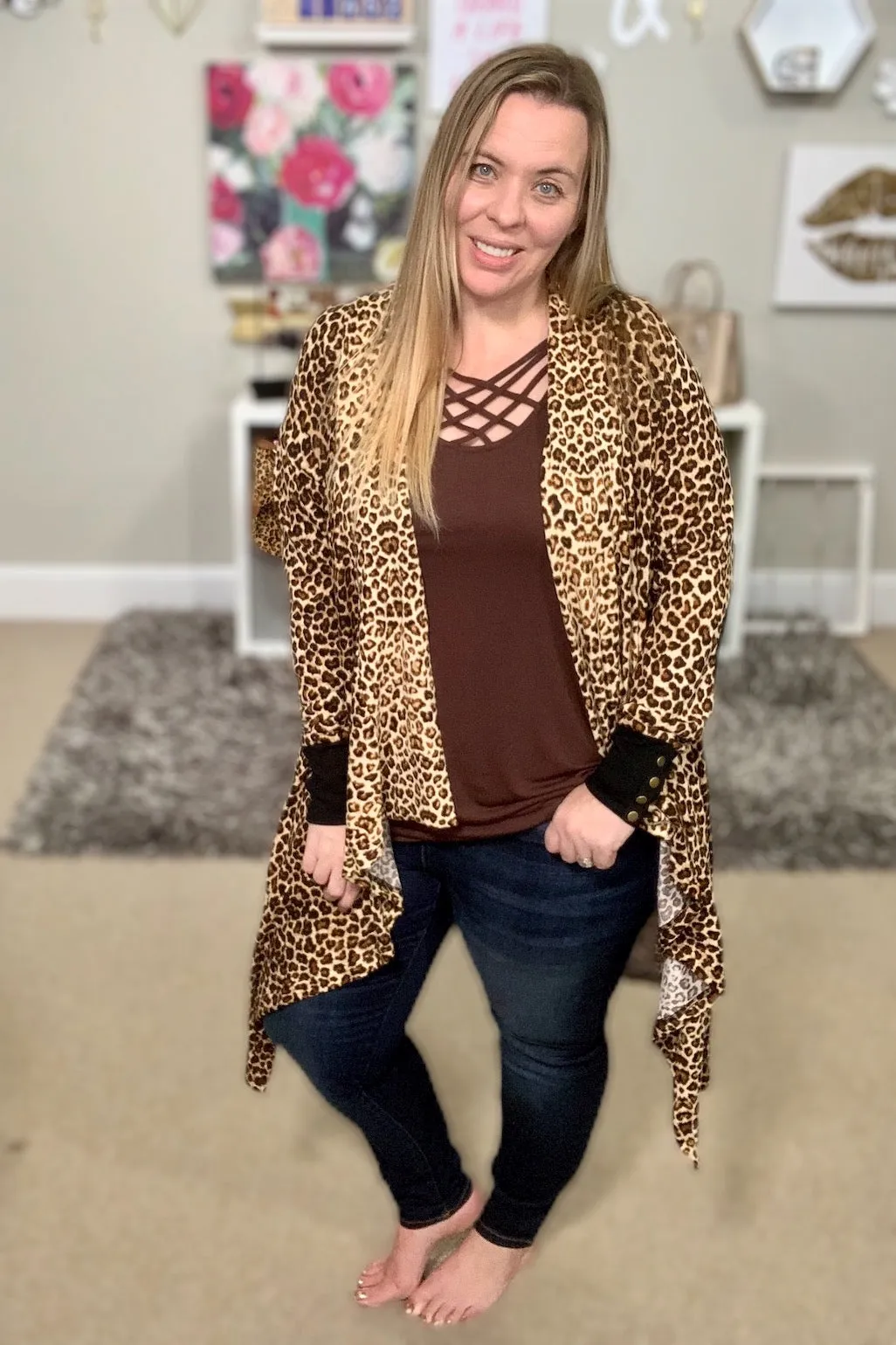 Leopard Print Open Front Cascade Cardi with Snap Details {Hawthorne}