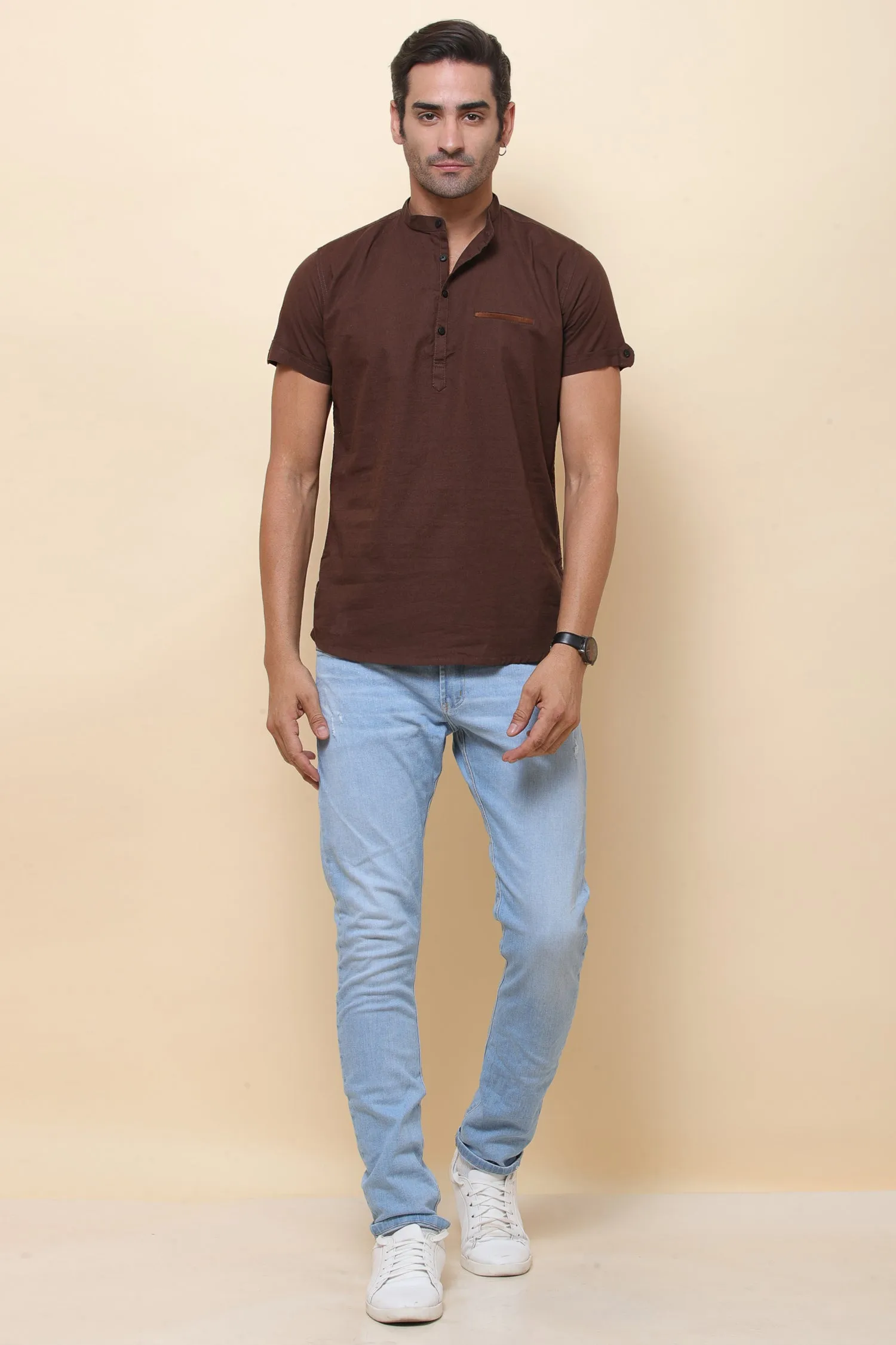 Linen Brown Half Sleeve Shirt for Men