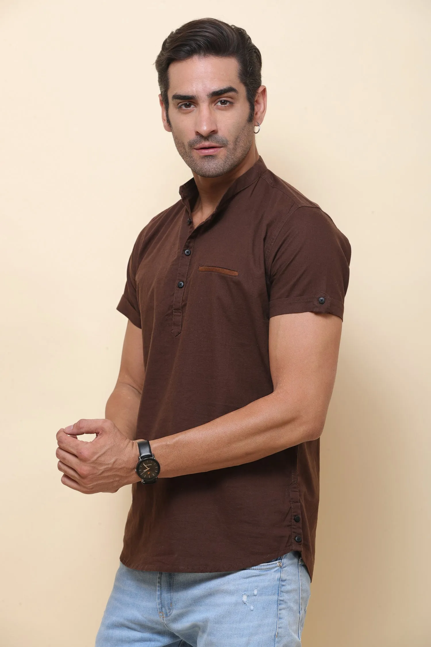 Linen Brown Half Sleeve Shirt for Men