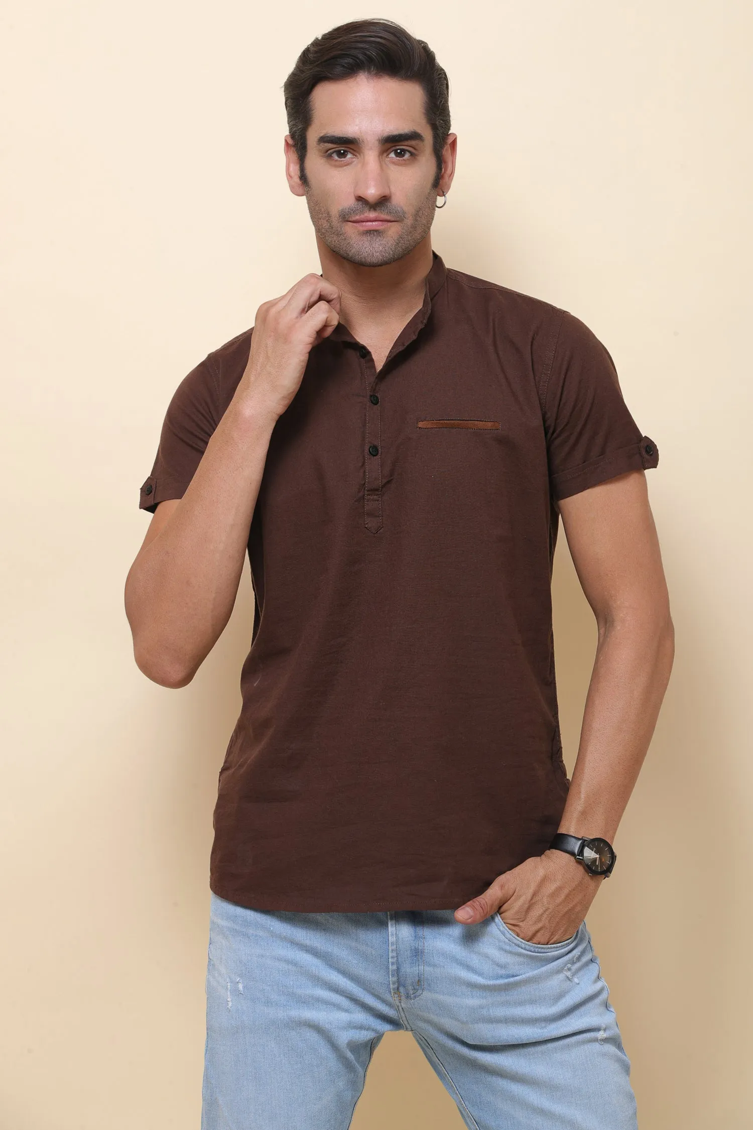 Linen Brown Half Sleeve Shirt for Men