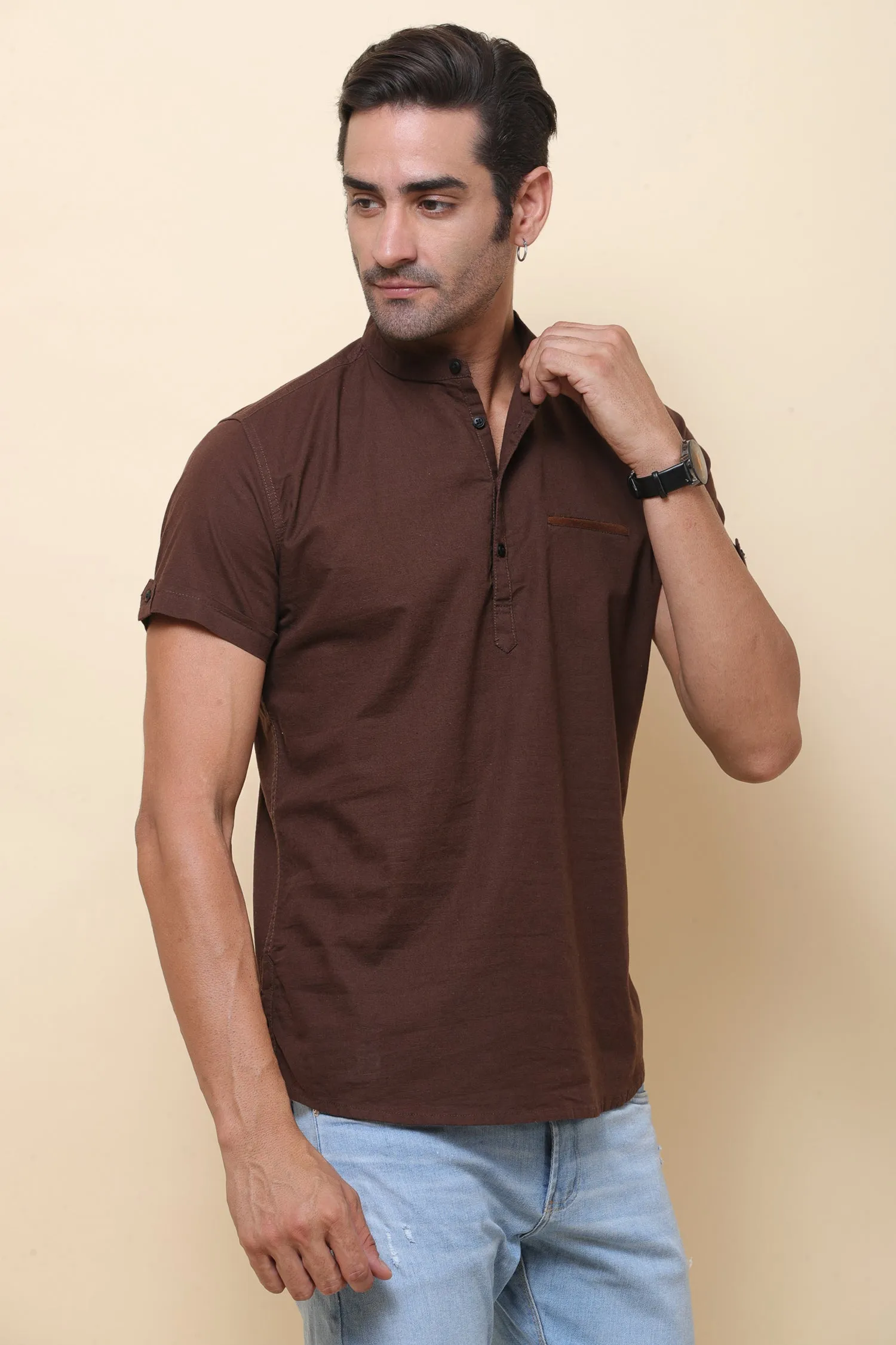 Linen Brown Half Sleeve Shirt for Men