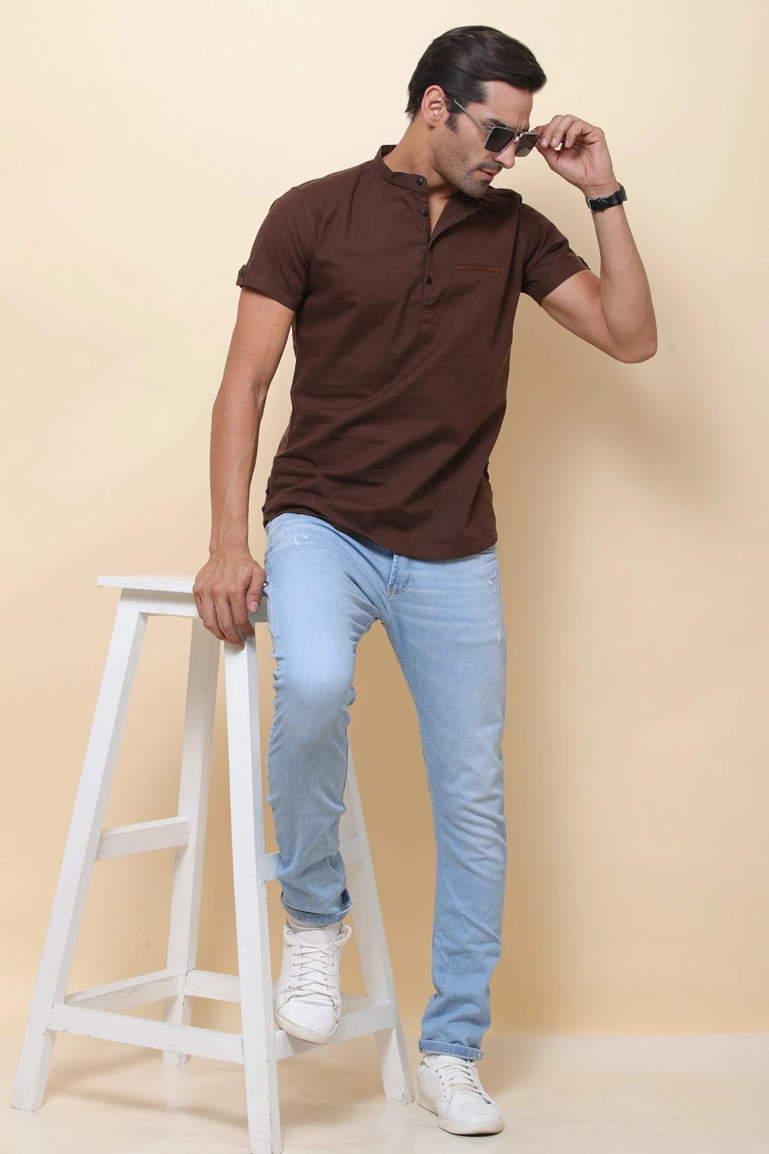 Linen Brown Half Sleeve Shirt for Men