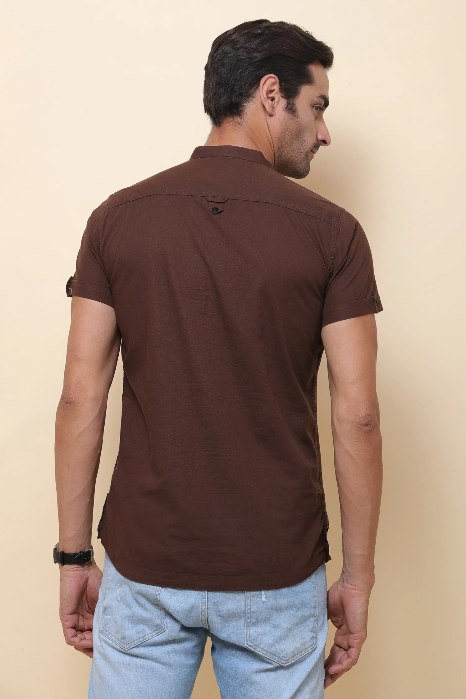Linen Brown Half Sleeve Shirt for Men