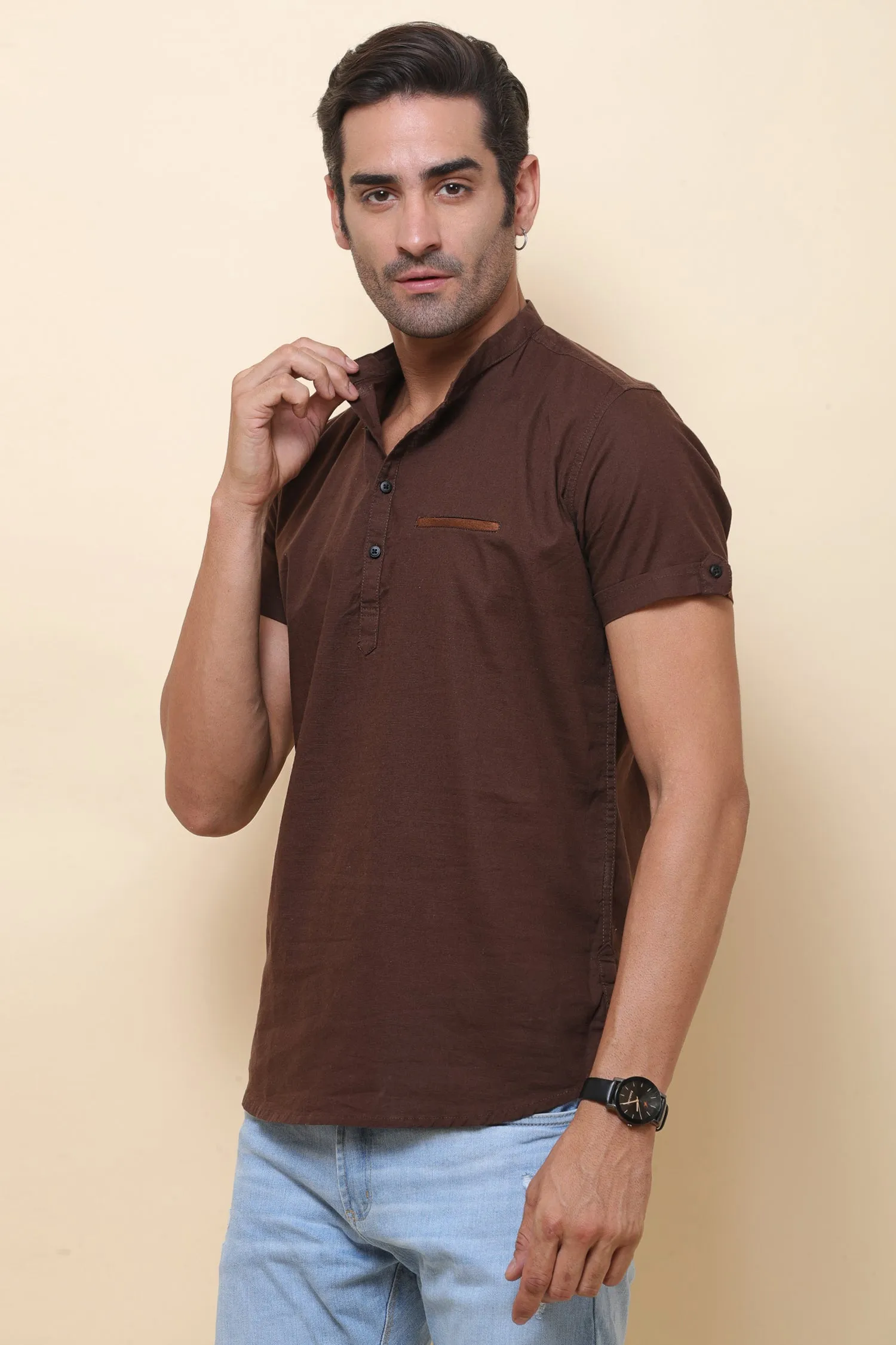 Linen Brown Half Sleeve Shirt for Men