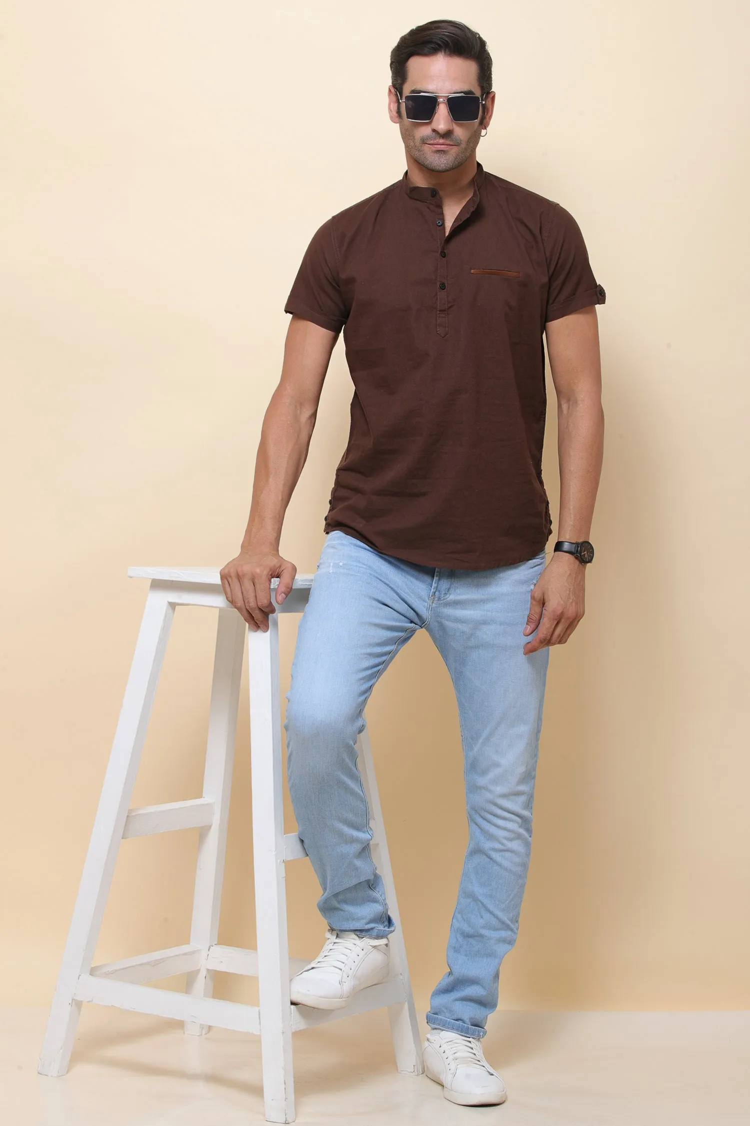 Linen Brown Half Sleeve Shirt for Men
