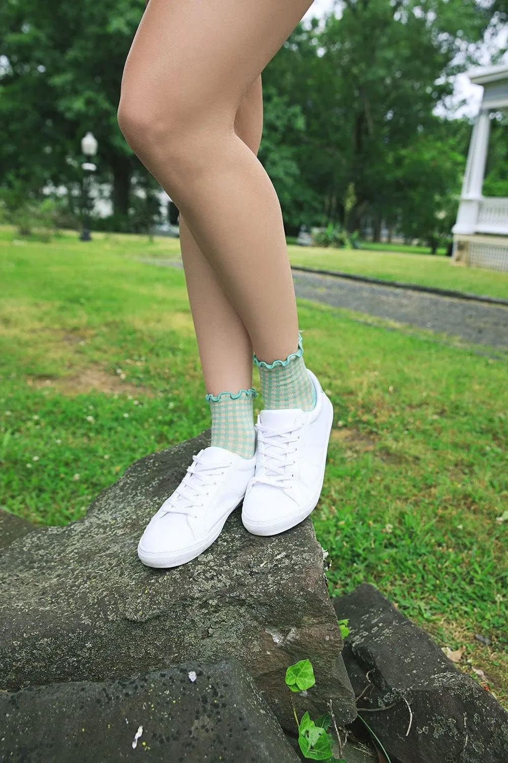 MeMoi Women's Gingham Cotton Blend Ruffle Cuff Anklet Socks