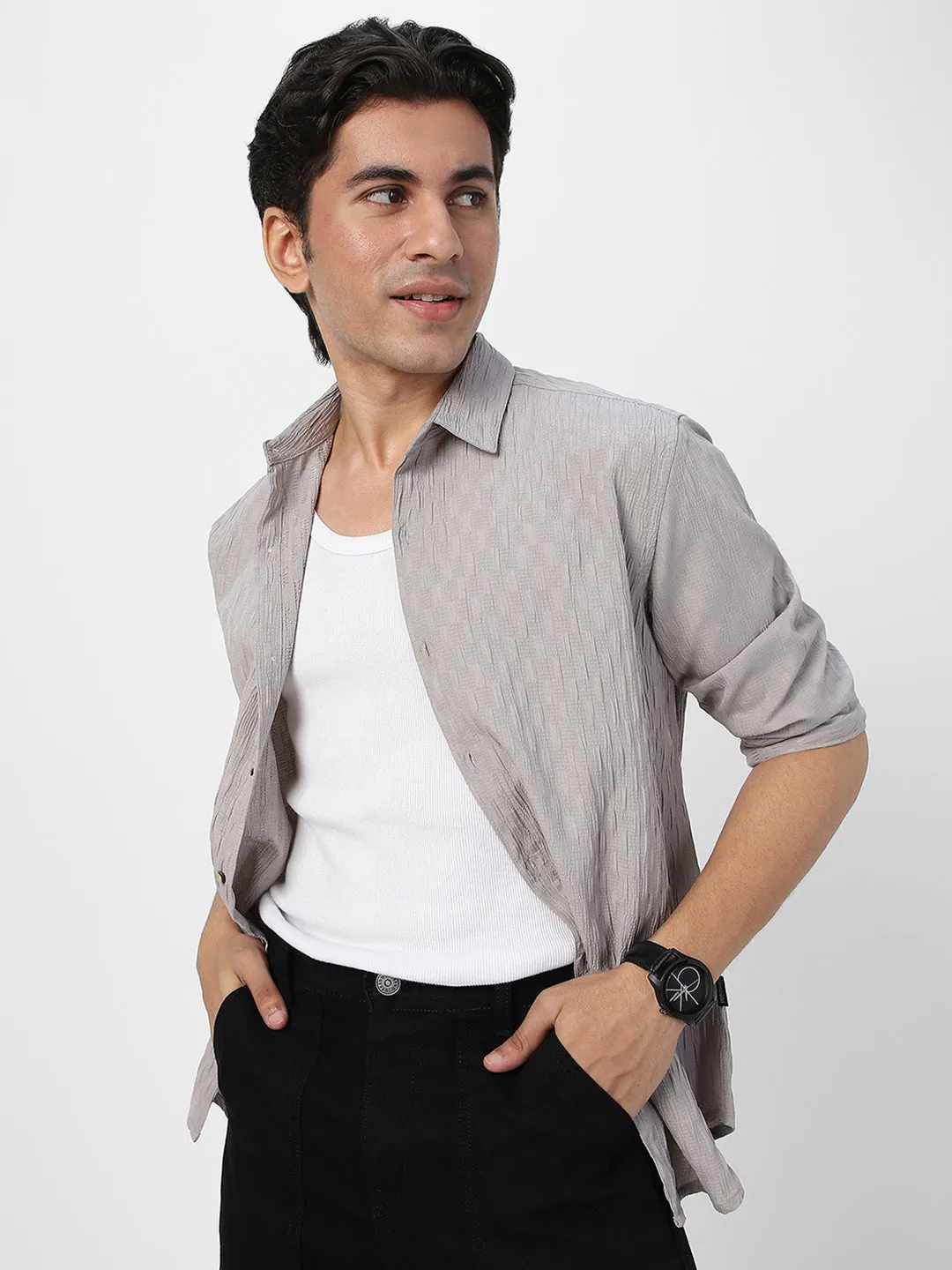 Men's Ice Grey Cotton Full Sleeve Regular Fit Textured Shirt with Spread Collar