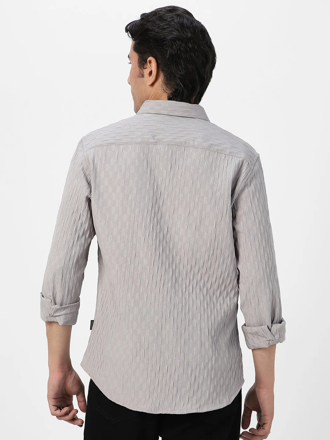 Men's Ice Grey Cotton Full Sleeve Regular Fit Textured Shirt with Spread Collar