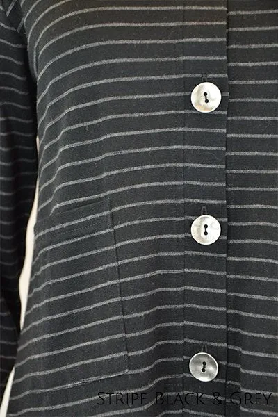 MERINO CRESCENT HEM CARDIGAN WITH POCKETS LONG SLEEVES ROUND NECK STRIPE BLACK/G