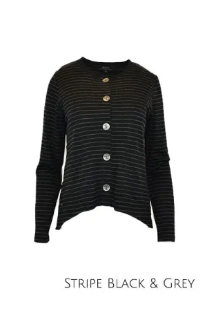 MERINO CRESCENT HEM CARDIGAN WITH POCKETS LONG SLEEVES ROUND NECK STRIPE BLACK/G