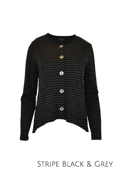 MERINO CRESCENT HEM CARDIGAN WITH POCKETS LONG SLEEVES ROUND NECK STRIPE BLACK/G