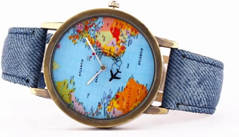 MINILUJIA Travel The World Watch Cool Unique Airplane Moving Flying World Map Watch with Black Jeans Color Watch Band Women Men Watch Small Wrist
