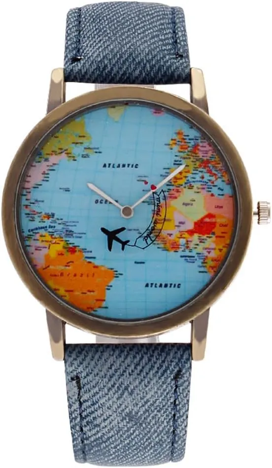 MINILUJIA Travel The World Watch Cool Unique Airplane Moving Flying World Map Watch with Black Jeans Color Watch Band Women Men Watch Small Wrist