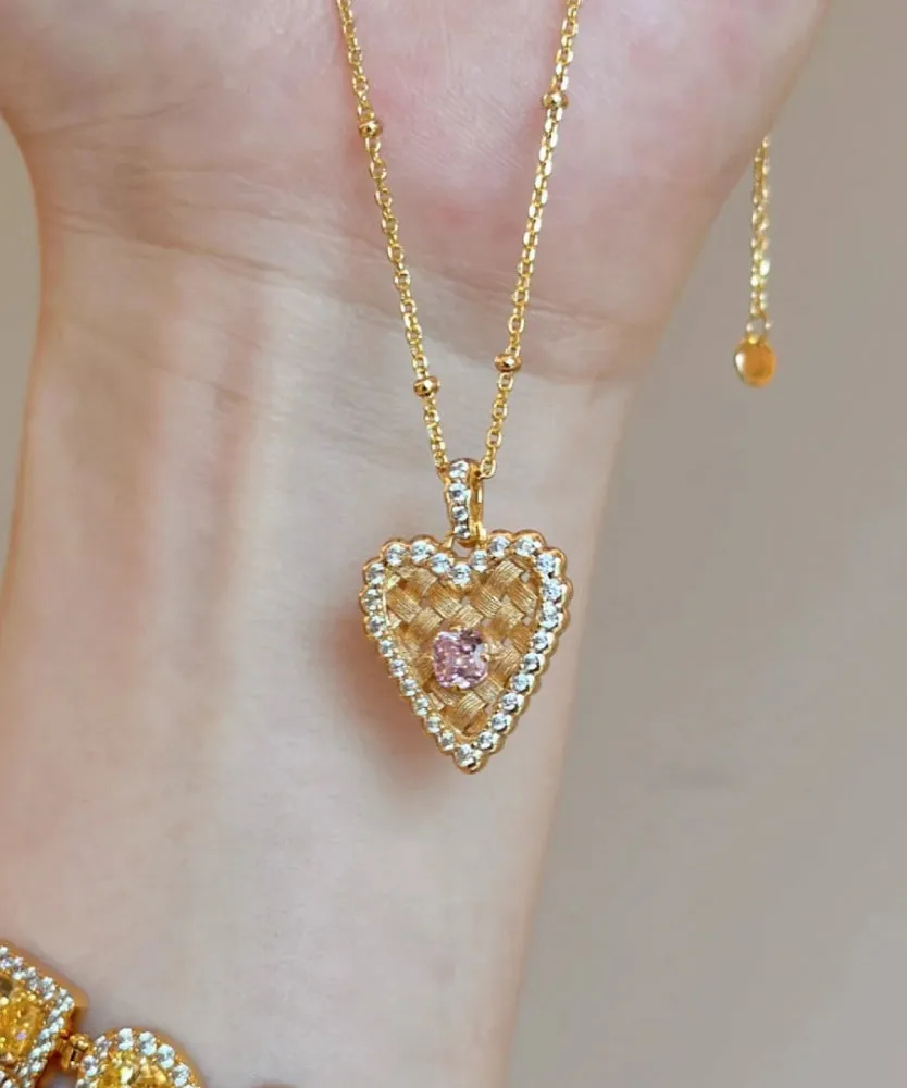 Modern Gold Sterling Silver Overgild Zircon Wire Drawing Love Ear Of Wheat Pendant Necklace QI074