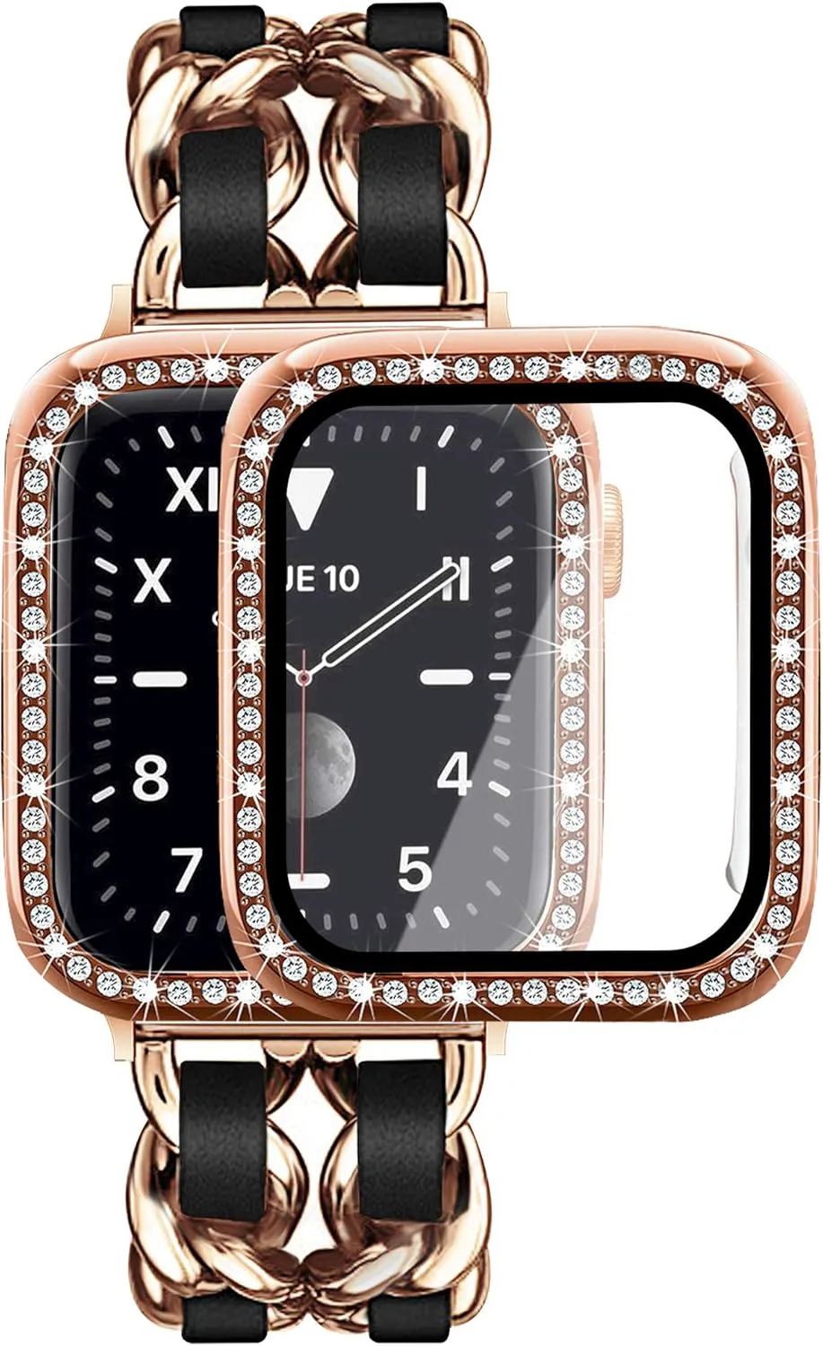 Mosonio Compatible for Apple Watch Band 44mm with Screen Protectors Case Women, Jewelry Bracelet Metal Bands with 2P Bling Cover for 44mm iWatch Series SE 6 5 4(Rose Gold Link with Black Leather)