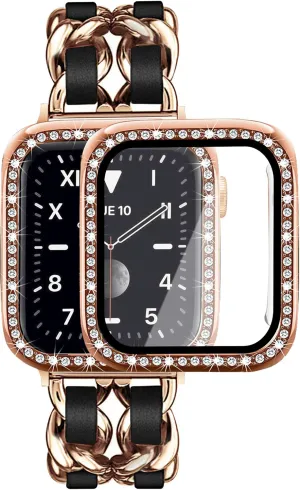 Mosonio Compatible for Apple Watch Band 44mm with Screen Protectors Case Women, Jewelry Bracelet Metal Bands with 2P Bling Cover for 44mm iWatch Series SE 6 5 4(Rose Gold Link with Black Leather)
