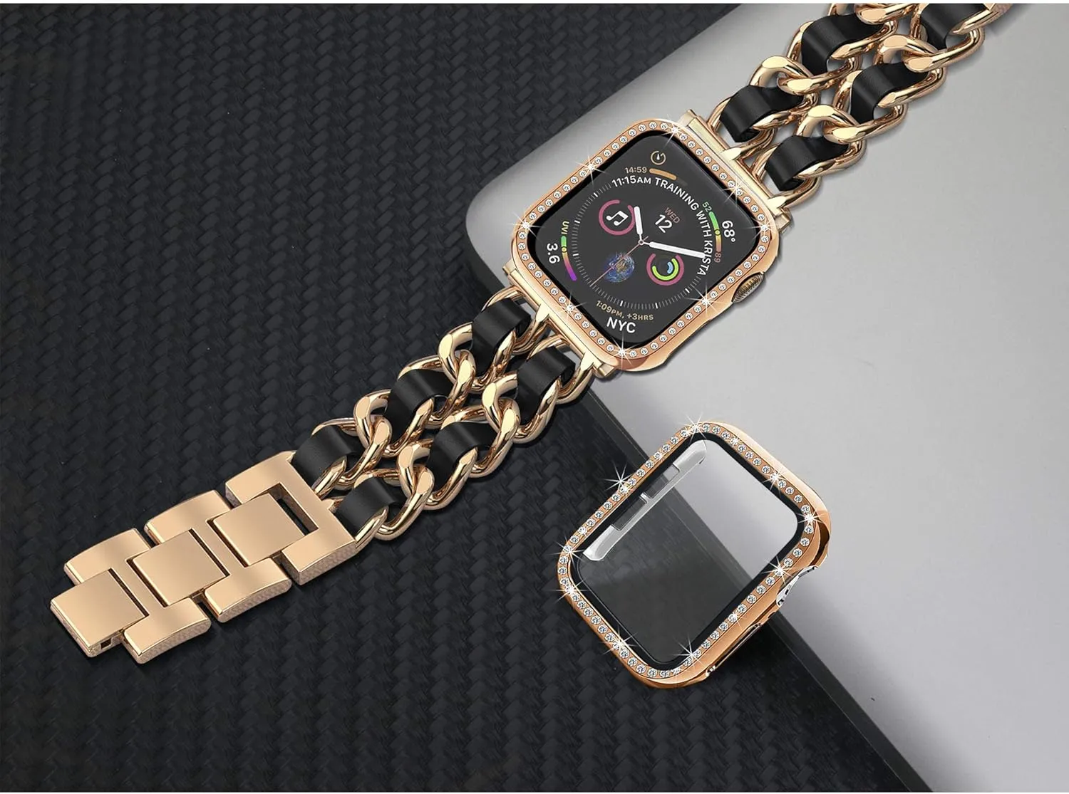 Mosonio Compatible for Apple Watch Band 44mm with Screen Protectors Case Women, Jewelry Bracelet Metal Bands with 2P Bling Cover for 44mm iWatch Series SE 6 5 4(Rose Gold Link with Black Leather)
