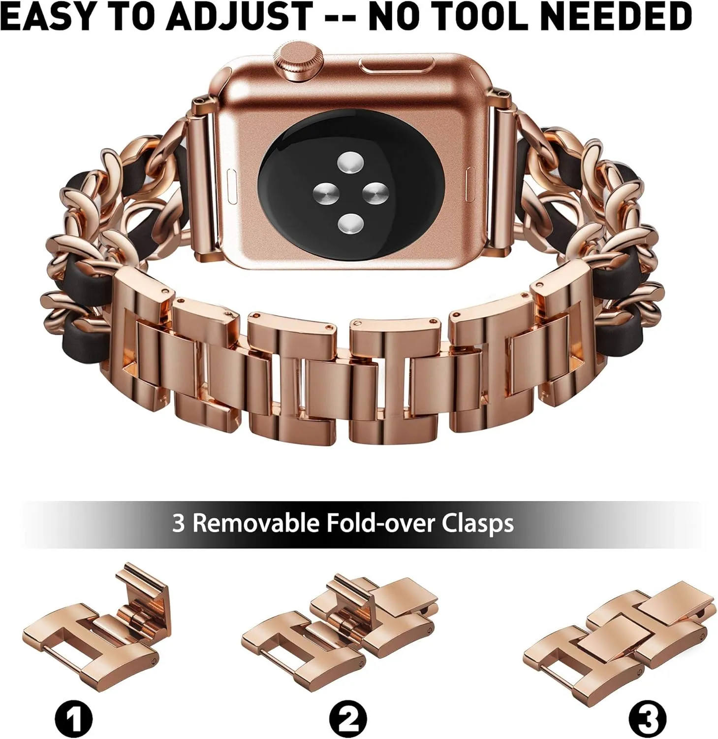 Mosonio Compatible for Apple Watch Band 44mm with Screen Protectors Case Women, Jewelry Bracelet Metal Bands with 2P Bling Cover for 44mm iWatch Series SE 6 5 4(Rose Gold Link with Black Leather)