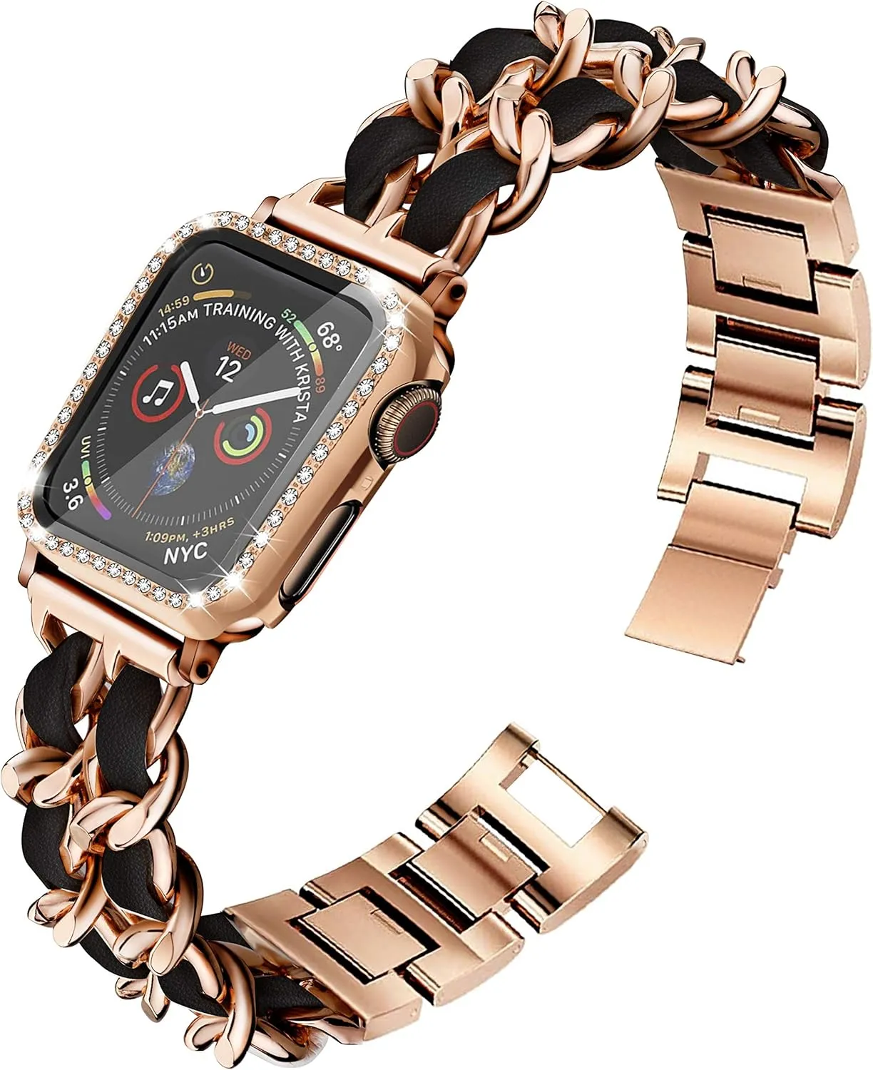 Mosonio Compatible for Apple Watch Band 44mm with Screen Protectors Case Women, Jewelry Bracelet Metal Bands with 2P Bling Cover for 44mm iWatch Series SE 6 5 4(Rose Gold Link with Black Leather)