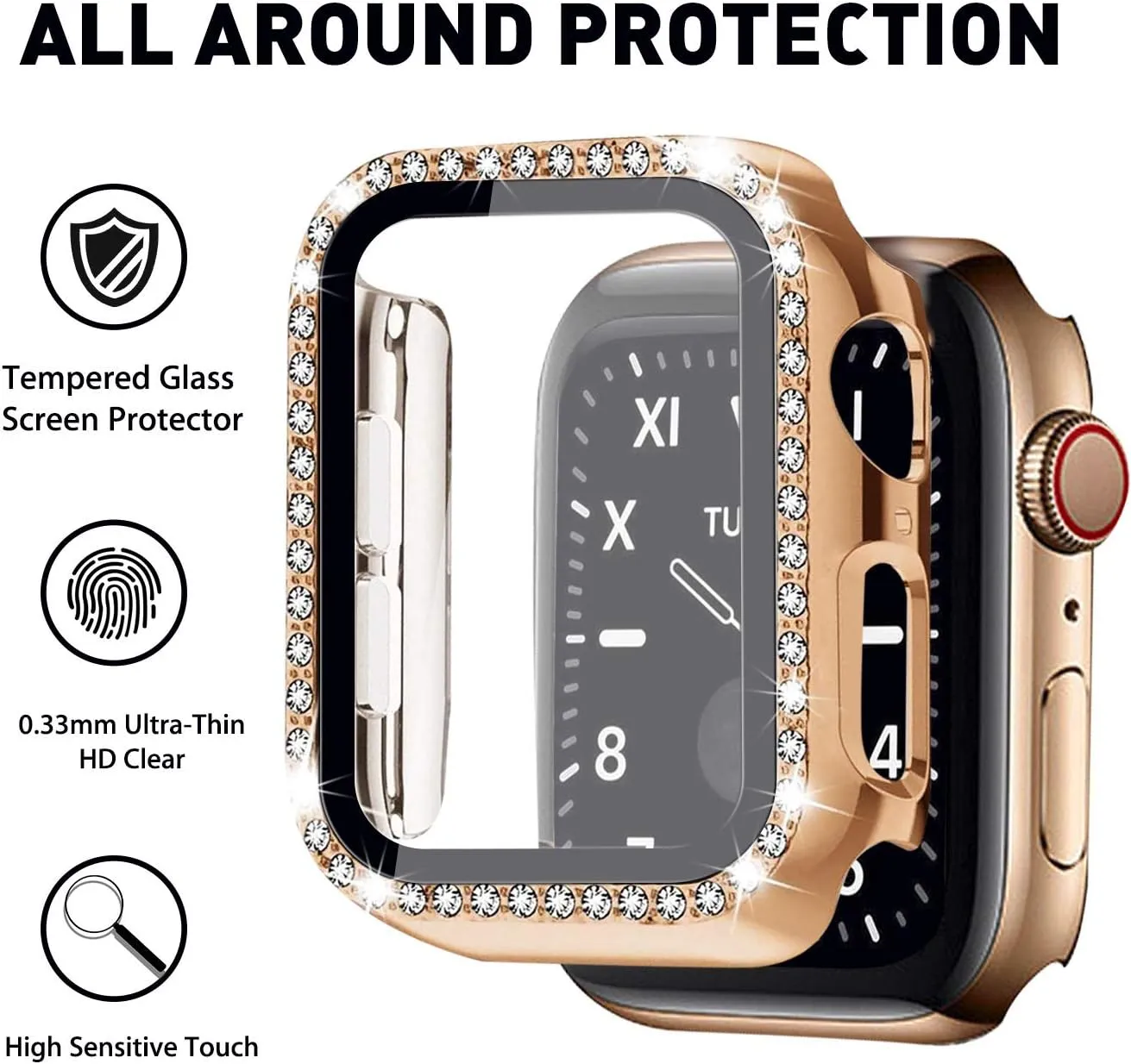 Mosonio Compatible for Apple Watch Band 44mm with Screen Protectors Case Women, Jewelry Bracelet Metal Bands with 2P Bling Cover for 44mm iWatch Series SE 6 5 4(Rose Gold Link with Black Leather)