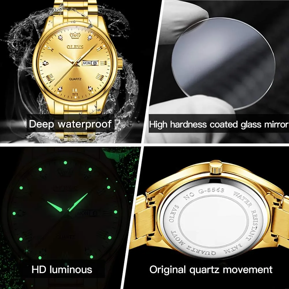 OLEVS Watch for Men Stainless Steel Business Dress Analog Quartz Men Watch Large Face Day Waterproof Luminous Classic Wrist Watch