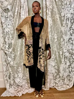 Portia, 30s cream and black fine lace coat
