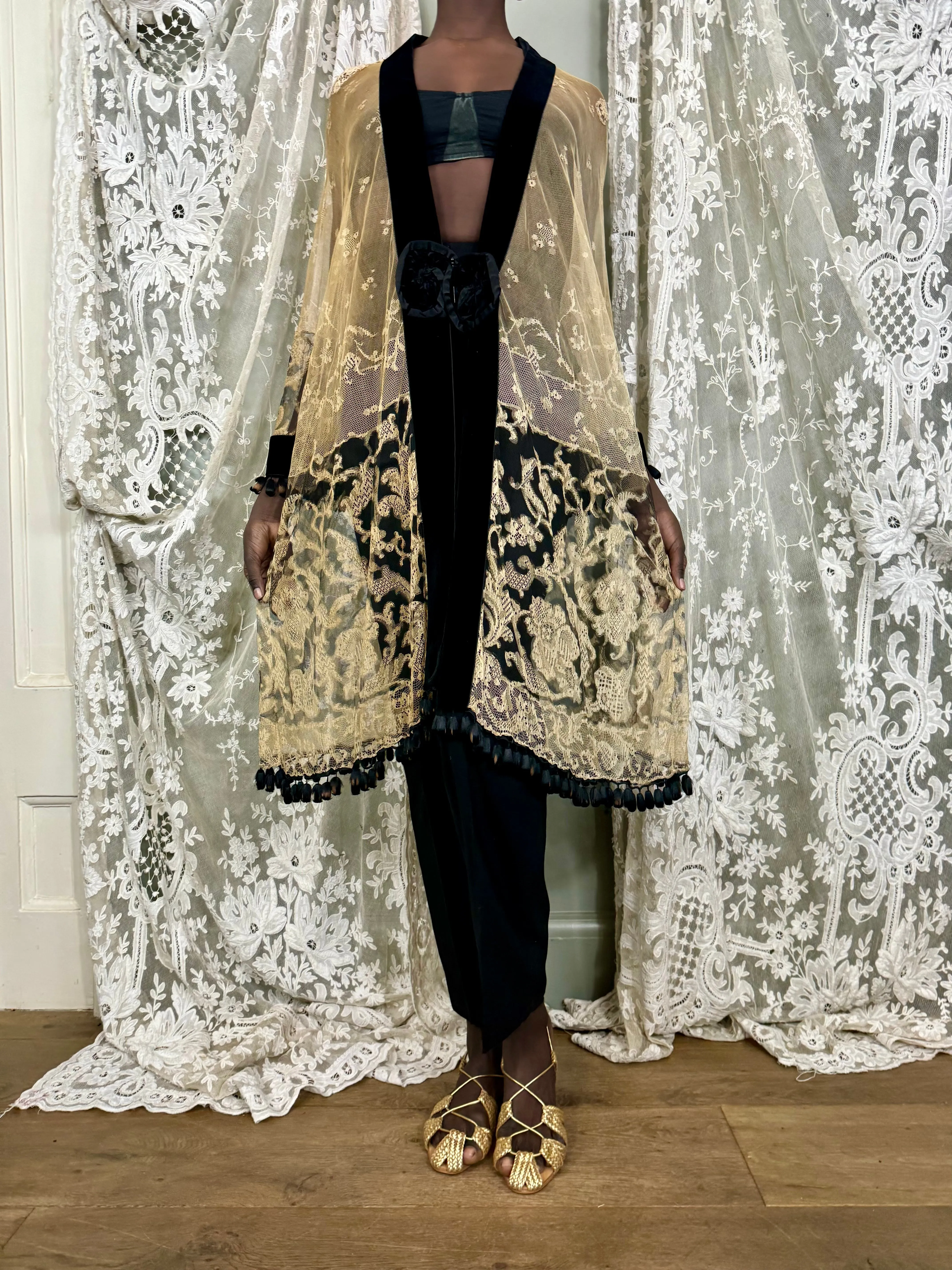 Portia, 30s cream and black fine lace coat
