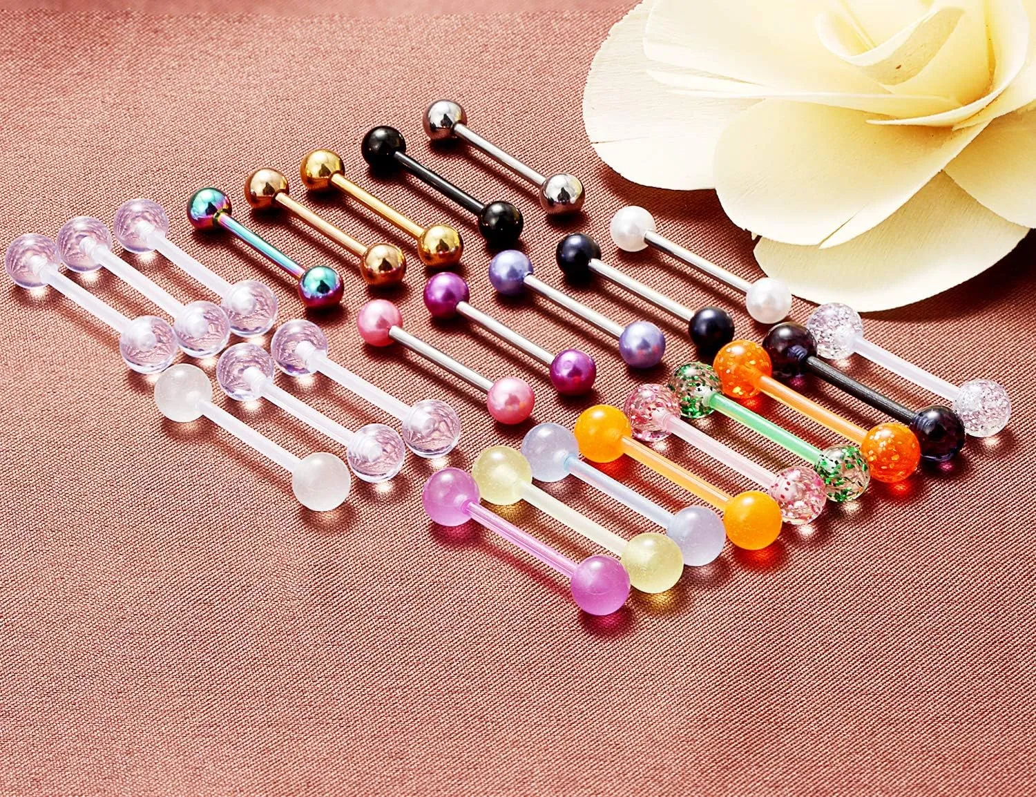 Prjndjw 14G, 16/19/22mmL, 25/30PCS, 5mm Ball Barbell Tongue Ring. Surgical Steel Nipple Piercing Vemom/Glow in The Dark/Created Pearl/Body Jewelry for Woman Unisex