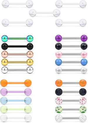 Prjndjw 14G, 16/19/22mmL, 25/30PCS, 5mm Ball Barbell Tongue Ring. Surgical Steel Nipple Piercing Vemom/Glow in The Dark/Created Pearl/Body Jewelry for Woman Unisex