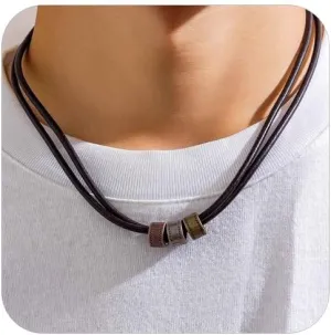 PU Leather Necklace for Men with Pendant, Black Leather Choker Necklace for Men Women, Vintage Boho Style Multilayer Pendant Cord Necklace