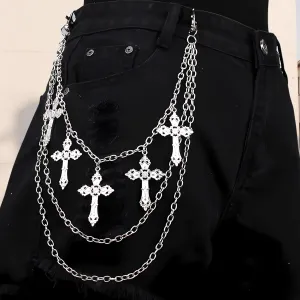 Punk Pants Chain,Gothic Goth Hip Hop Rivet Charm Layered Wallet and Jeans Link Chain, Vintage Rock Jewelry for Men and Women (Silver Cross Layered)