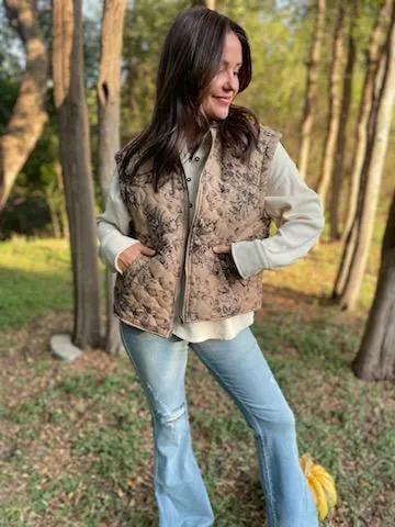 Quilted Brown Floral Zip Vest