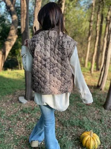 Quilted Brown Floral Zip Vest