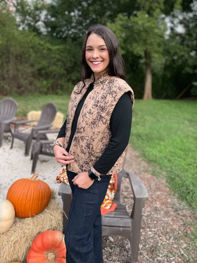 Quilted Brown Floral Zip Vest